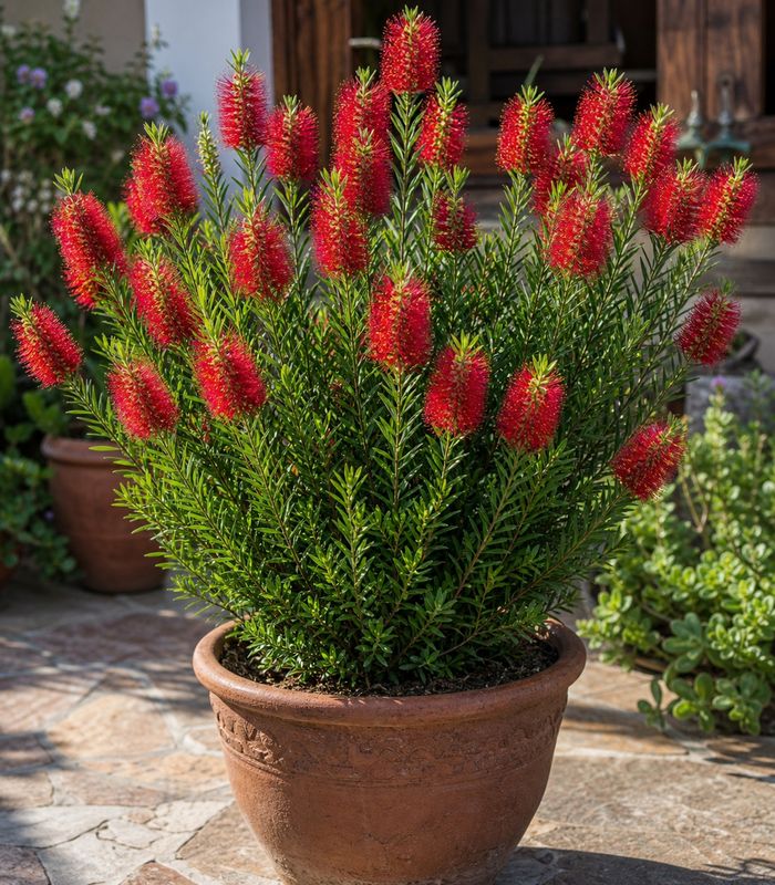 Little John bottle brush dwarf plant growing in a pot with red flowers for small gardens