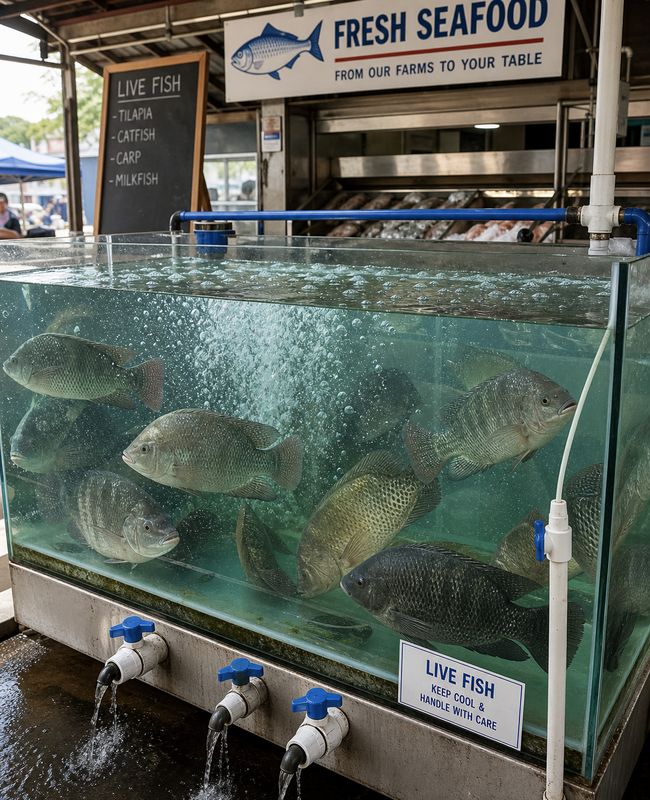 Aerated live fish holding tank at a market selling farm-fresh fish