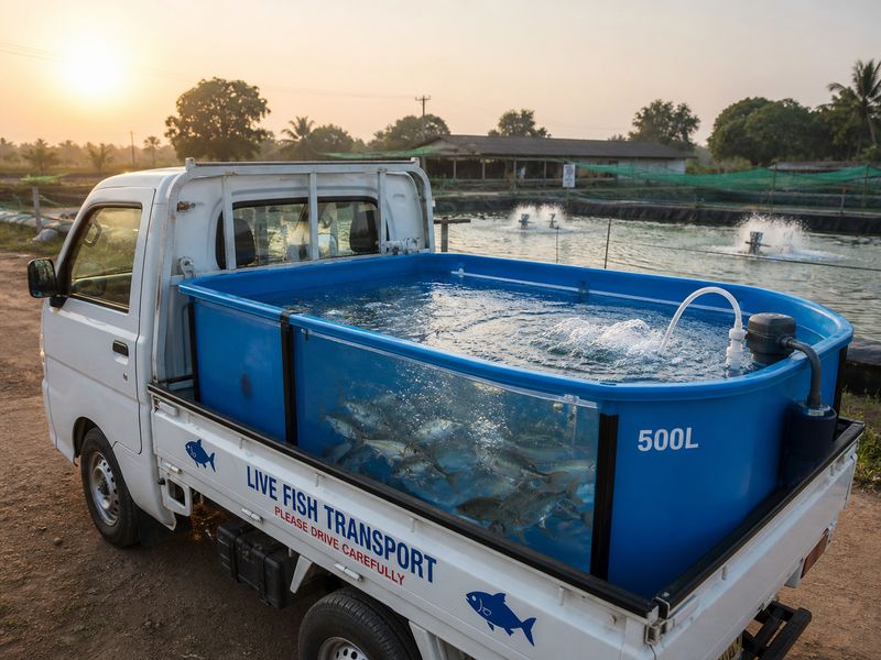 Live fish transport tank with aeration pump for selling farm-fresh fish alive