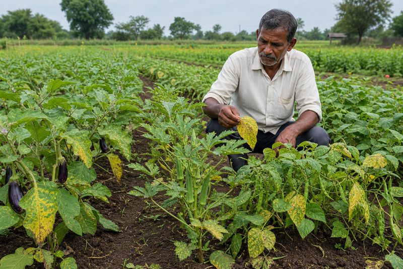 farmer inspecting major vegetable disease symptoms in brinjal okra and beans field