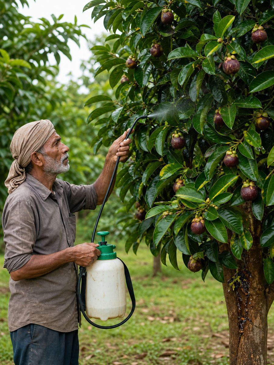 Farmer spraying mangosteen tree with Calcium Nitrate and Sulphate of Potash solution to manage gummosis symptoms
