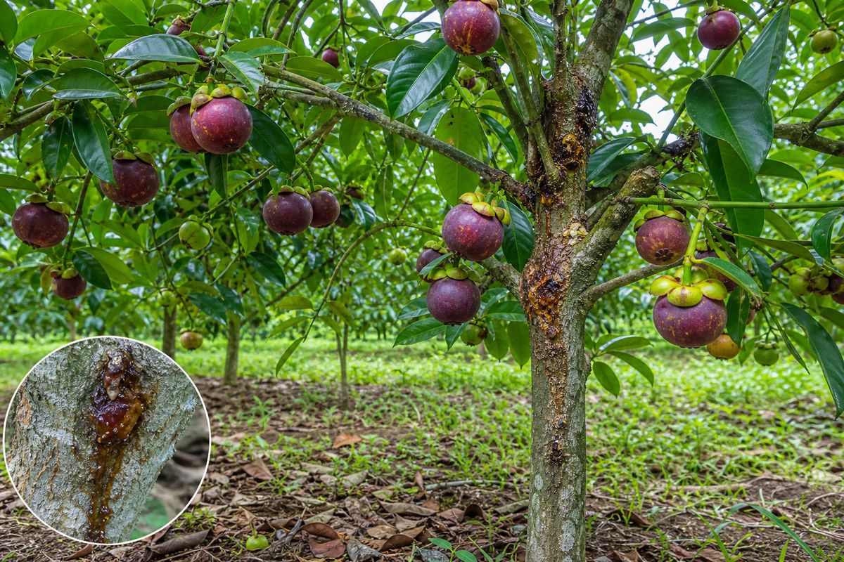 Mangosteen tree with ripe fruits showing early gummosis care and fruit stalk protection in a tropical orchard