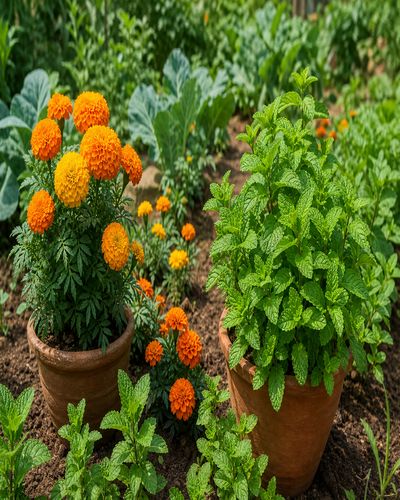 Marigold and mint plants growing between vegetable patches as natural mosquito repellents