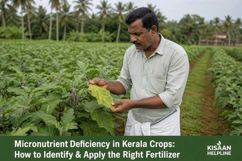 Farmer checking crop leaves for micronutrient deficiency before fertilizer application in Kerala