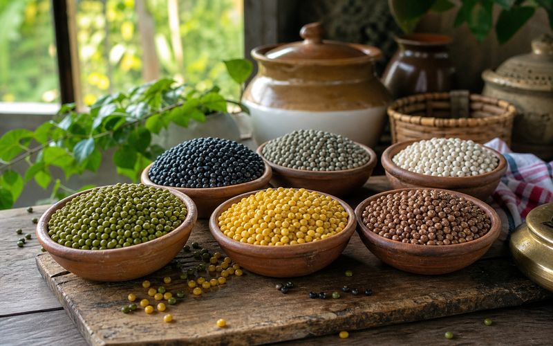 Different varieties of mung beans showing green, yellow, brown, black, gray and white pulses for health and beauty benefits