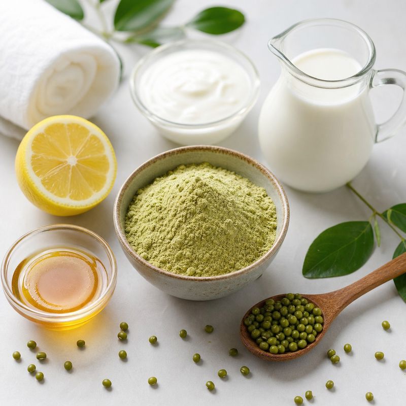 Mung bean powder face pack with curd, lemon, honey and milk for natural skin glow and beauty care
