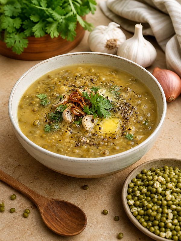 Warm mung bean soup with pepper, ghee, shallots, garlic and coriander leaves served as a cooling home remedy
