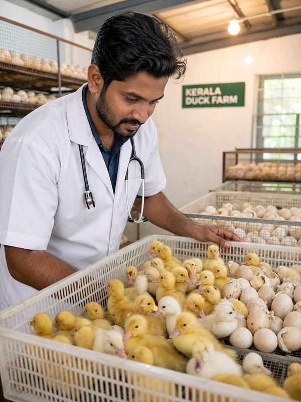 Veterinary doctor observing ducklings at Niranam Duck Farm hatchery near Thiruvalla