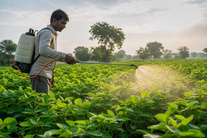 Farmer spraying crop leaves with non-ionic adjuvant mixed spray solution for better spreading and sticking