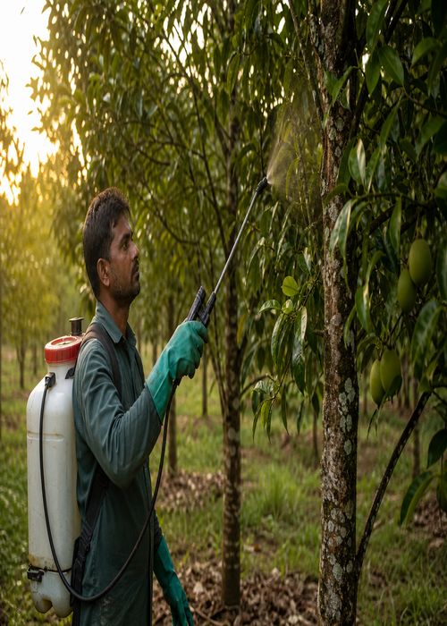Farmer spraying Bacillus subtilis solution on nutmeg tree to control fungal infection and fruit shedding