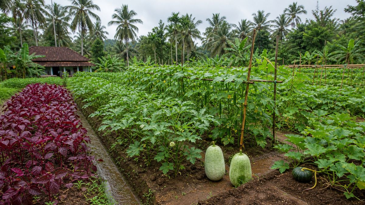 Onam season vegetable farming in Kerala with amaranth okra cucumber and gourds growing in a farm plot