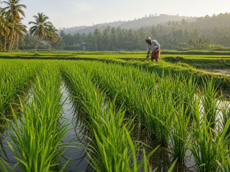 Paddy field with organic farming practices and lush green rice plants