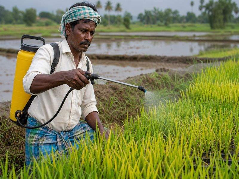 Farmer spraying micronutrient solution on young paddy seedlings in nursery bed