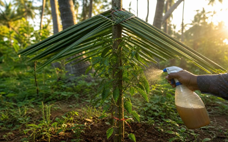Young pepper sapling protected with coconut frond mulching and microbial spray against fungal infection