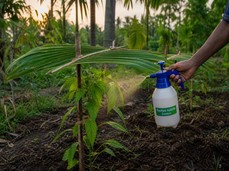 Young pepper sapling protected with areca palm fronds and Bacillus subtilis spray in January