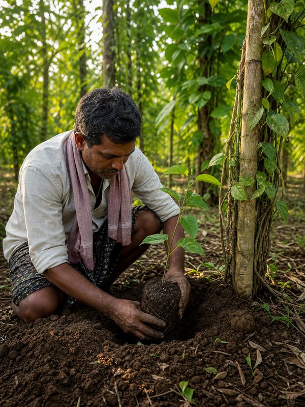 Farmer planting a Chandra pepper sapling with soil ball beside a support tree before evening
