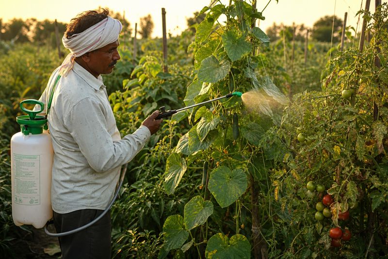 Farmer spraying Bacillus subtilis solution on cucumber and tomato crops for pest and disease control