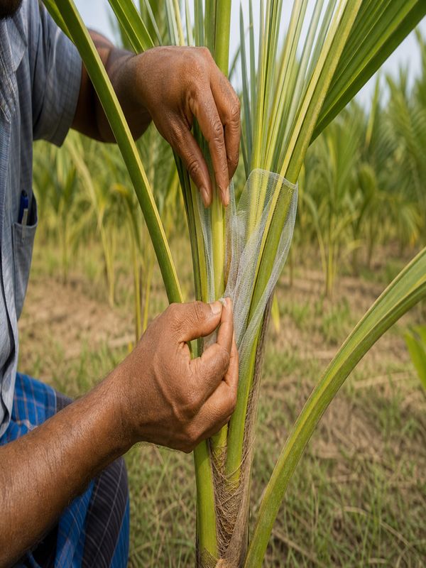 Plastic net folded and tucked into the central whorl and leaf axils of a coconut sapling to trap beetles