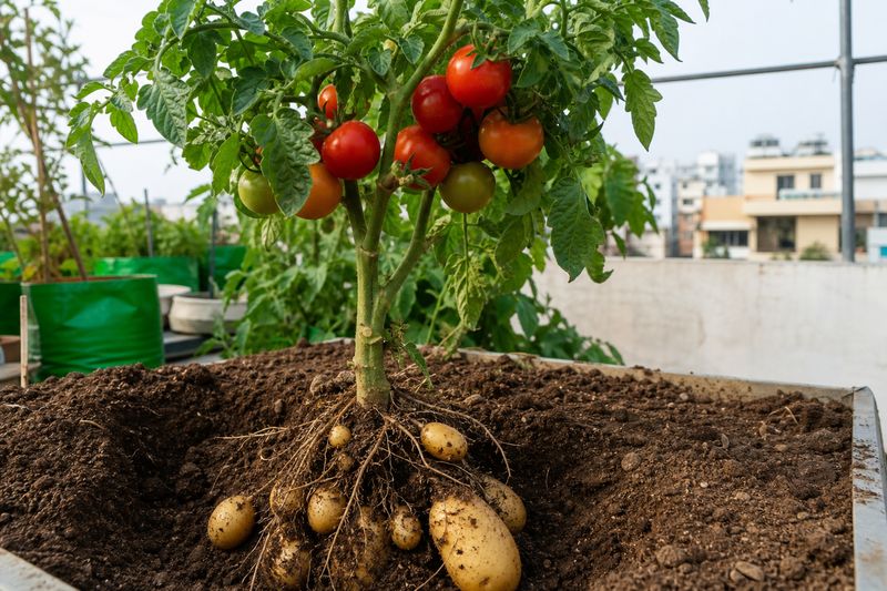 Pomato grafted plant growing tomatoes above soil and potatoes below for urban farming