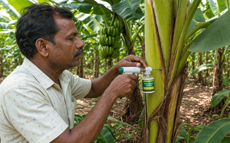 Pseudostem injector being used on a banana plant to control stem borer pest