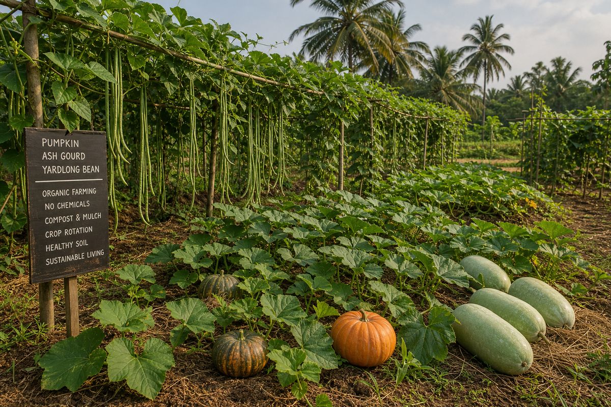 Pumpkin ash gourd and yardlong bean crops growing for Onam season vegetable harvest