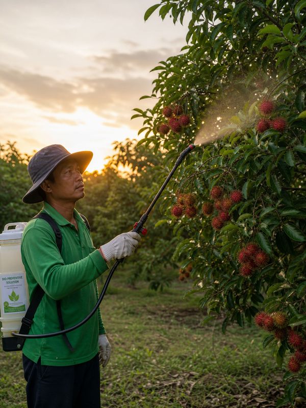 Farmer spraying Pseudomonas or Bacillus subtilis biological spray on rambutan tree in the evening