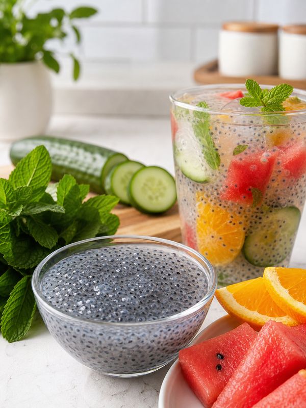 Soaked basil seeds khas khas in water for cooling the body and digestion