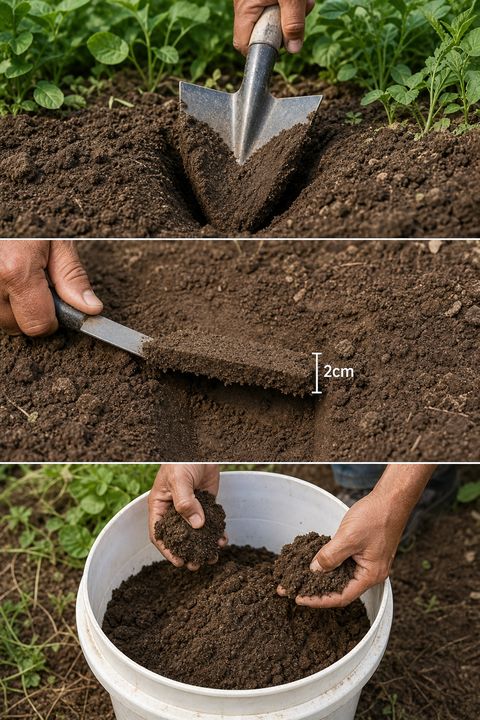 Step-by-step soil sample collection process showing V-shaped pit and mixing in a bucket