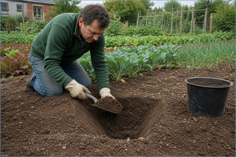 Gardener collecting soil sample from kitchen garden for soil testing