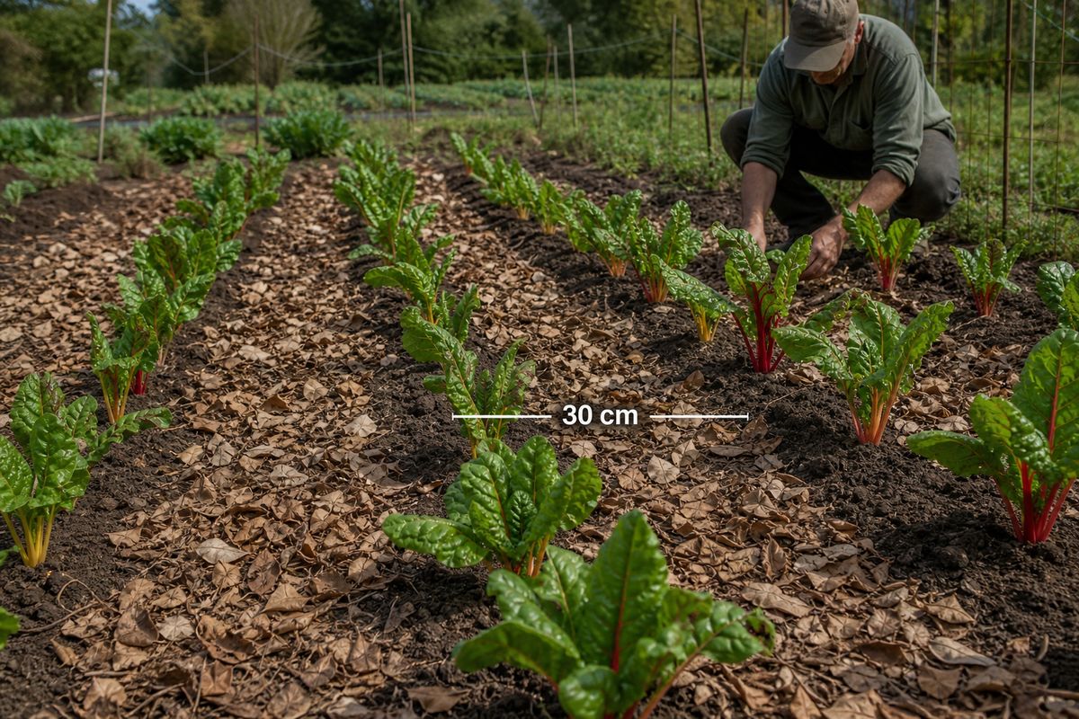 Swiss chard seedlings planted in prepared garden beds with proper spacing and dry leaf mulching