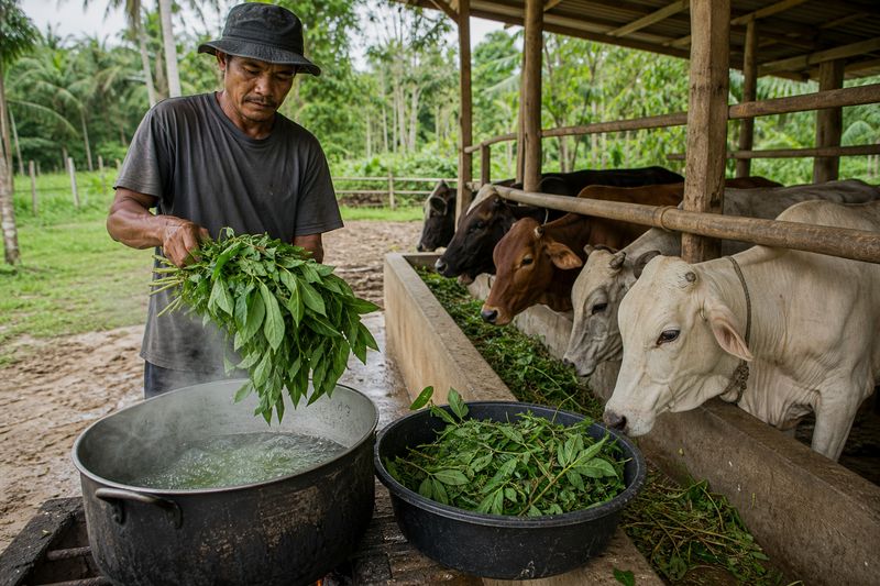 Tapioca leaves prepared safely before feeding cattle on a farm