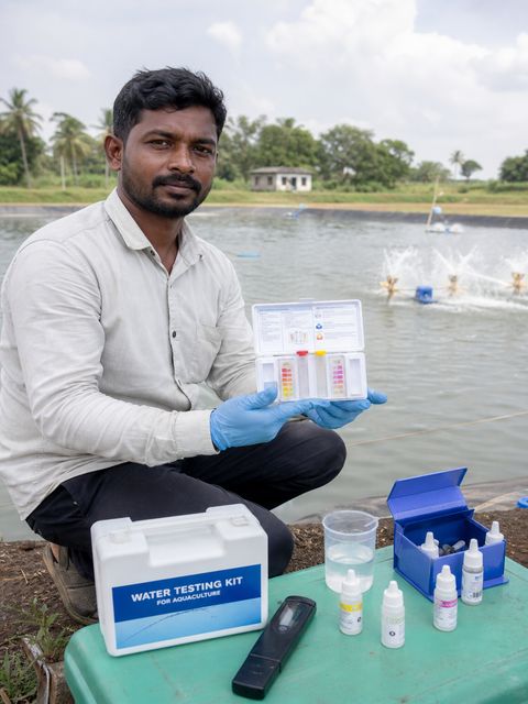Fish farmer checking water quality parameters in a Tilapia pond