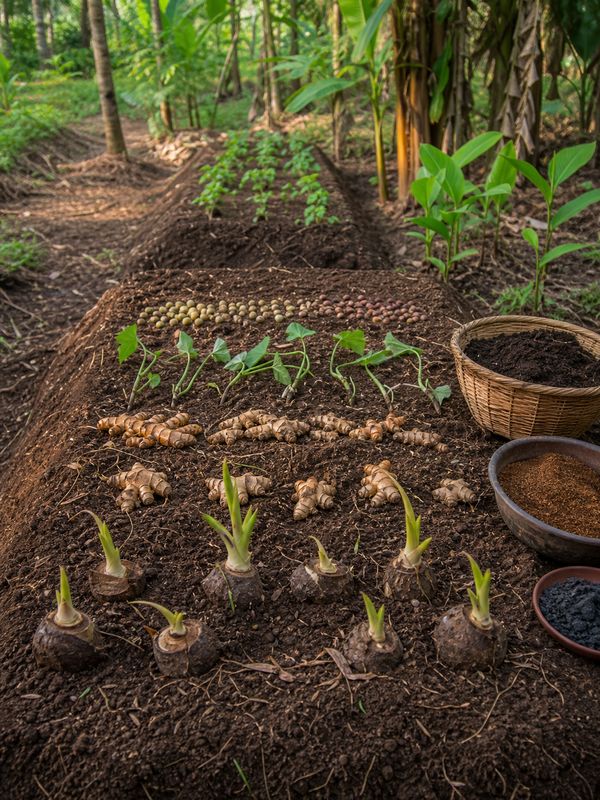 Tuber crops and legume seeds planted in prepared raised beds with organic manure and neem cake