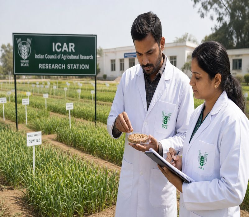 Scientists at ICAR conducting VCU seed variety evaluation in agricultural field