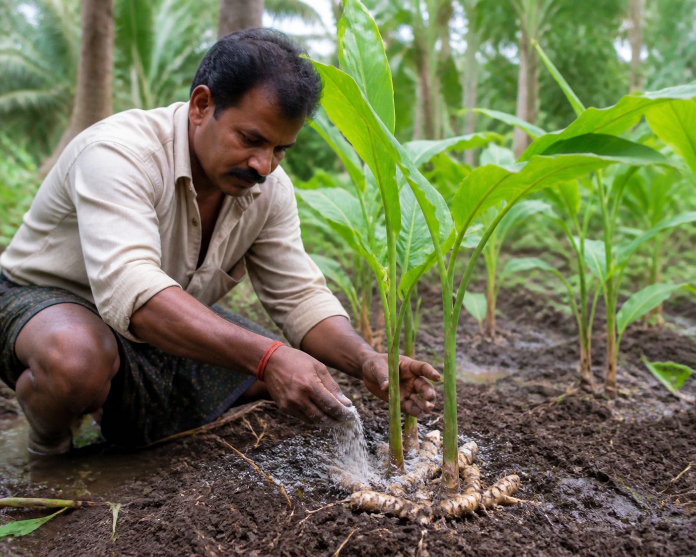 Farmer applying Tricholime bio-formulation around ginger and turmeric plant roots after planting