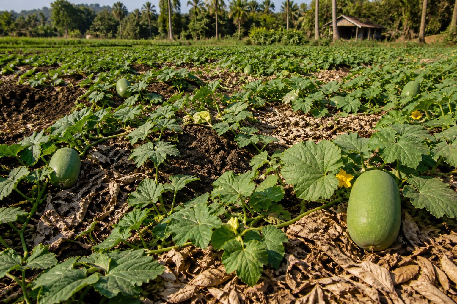 Ash gourd and snake gourd summer vegetable vines grown in fertile garden soil