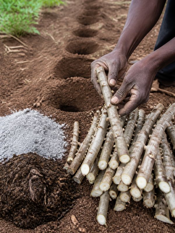 Cassava stem cuttings prepared for planting in pits with organic manure