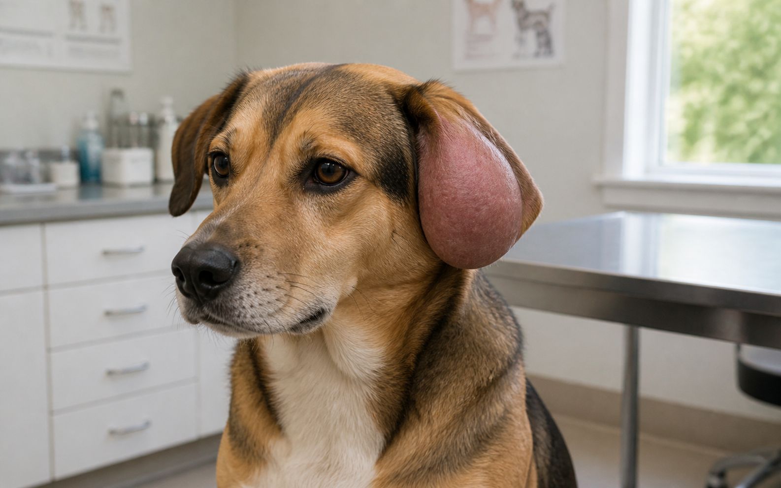 Swollen dog ear showing signs of aural hematoma and ear flap inflammation