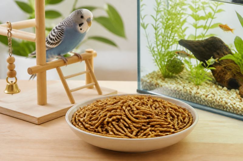 Dried mealworms served as protein-rich nutrition for pet birds and aquarium fish