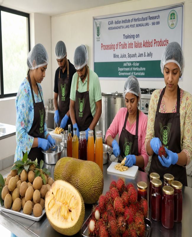 Fruit processing training for wine juice squash jam jelly and pickles at an agricultural research center