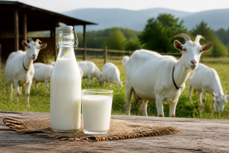 Fresh goat milk with healthy dairy goats showing goat milk nutrition benefits