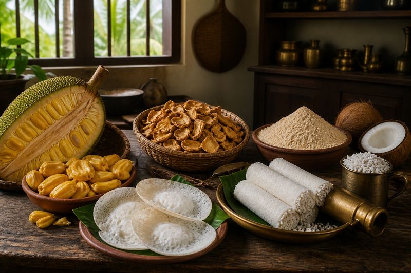 Jackfruit powder and traditional Kerala recipes prepared in a rural kitchen