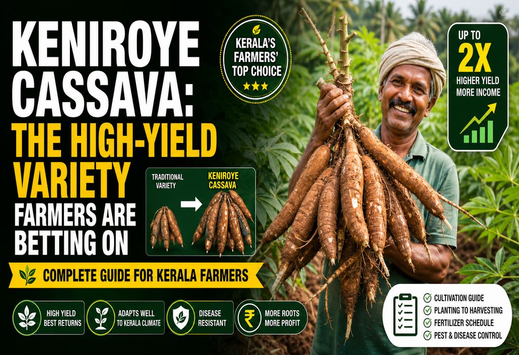 Keniroye cassava cultivation in Kerala farm field with healthy tapioca plants