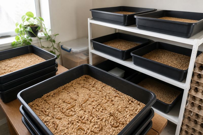 Mealworm farming trays for protein-rich pet bird and fish feed in a small urban room