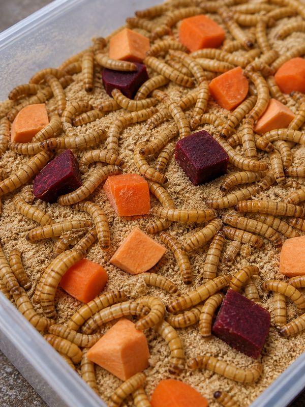Mealworm larvae feeding on bran with carrot and beetroot inside a clean plastic tray