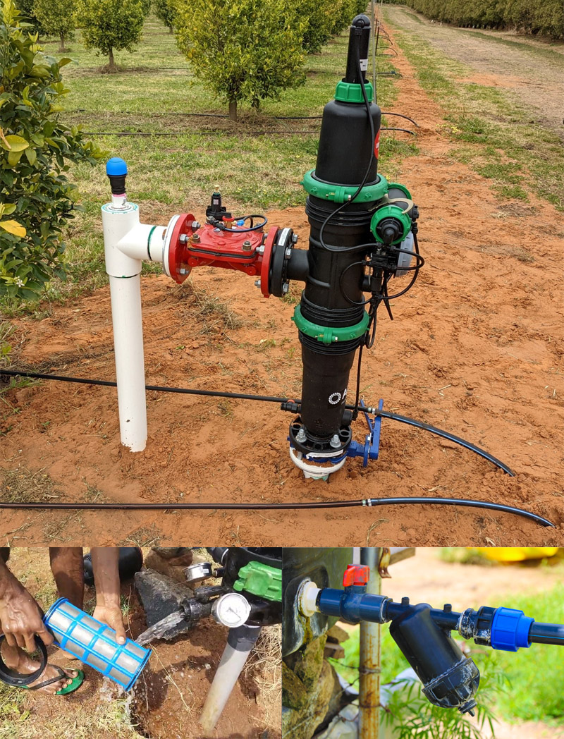 Farmer cleaning drip irrigation disc and screen filters to prevent clogging
