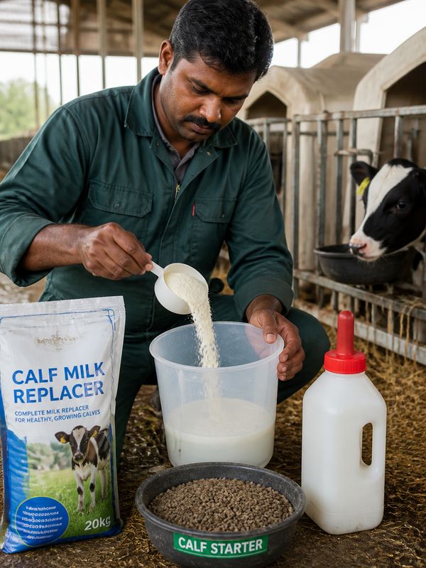 Farmer preparing calf milk replacer powder in lukewarm water before bottle feeding
