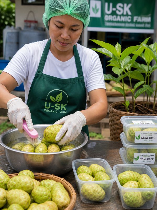 Harvested Noni fruits prepared in plastic containers for organic Noni juice processing