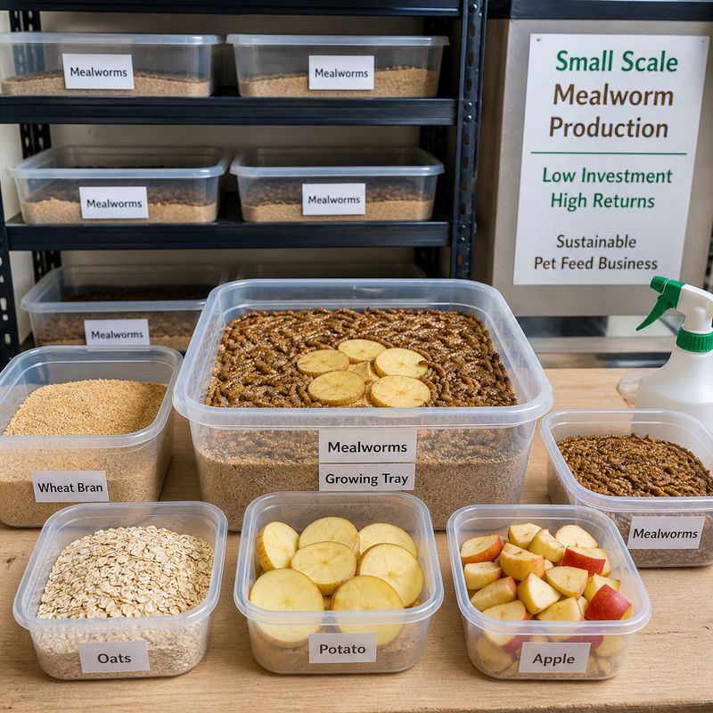 Small-scale mealworm production trays with wheat oats potato and apple feed ingredients