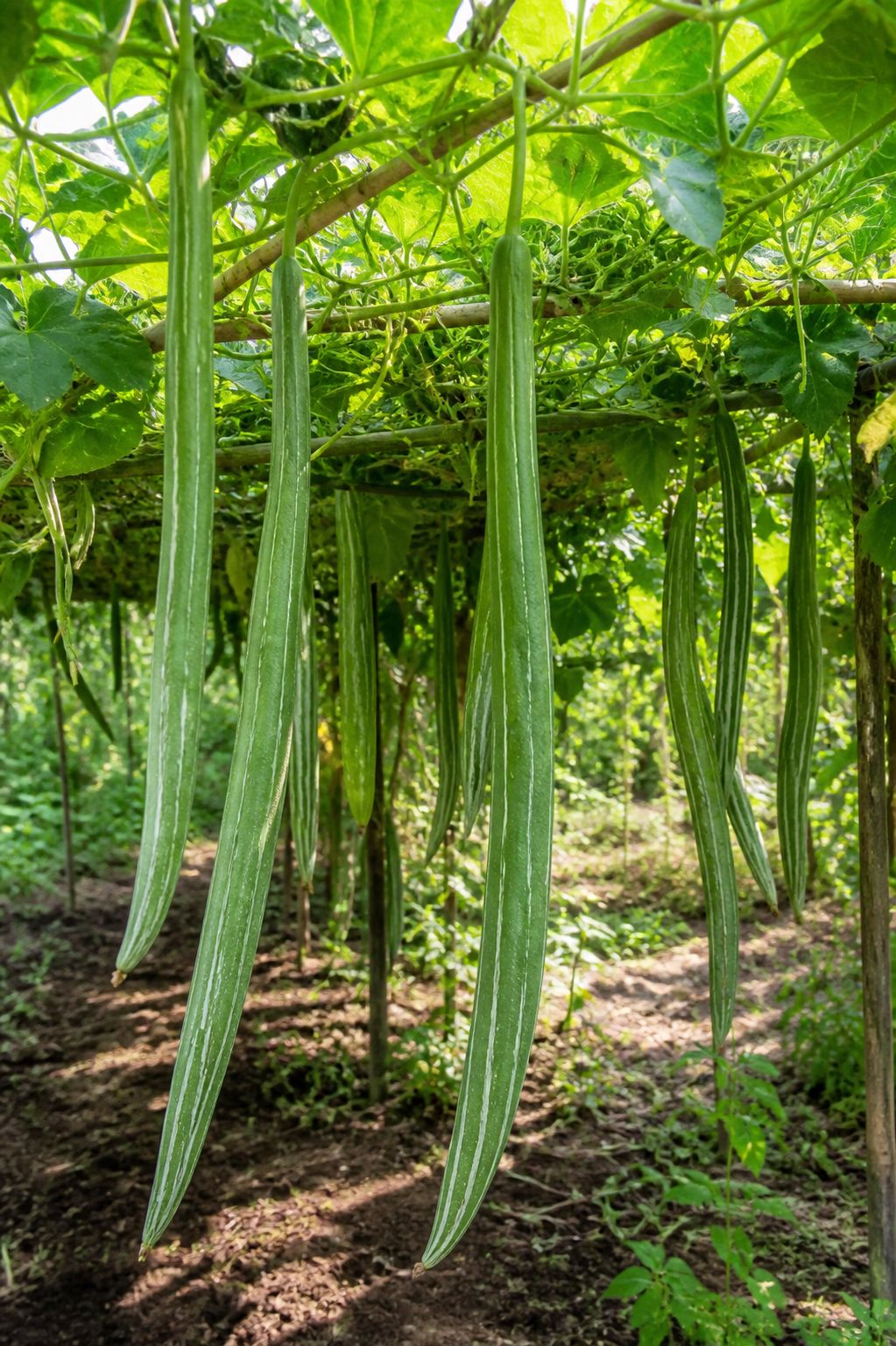 Snake gourd vines growing in good sunlight on a summer garden trellis